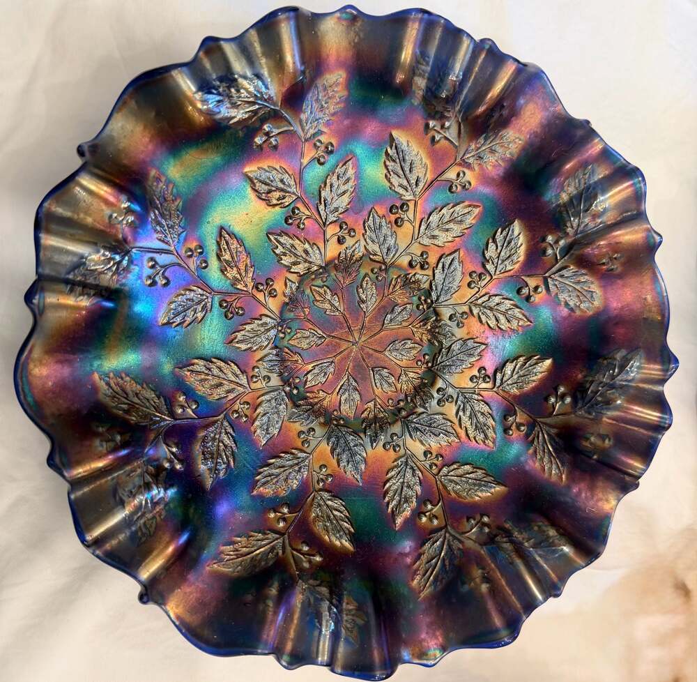 Fenton Carnival Glass Ruffled Bowl in Holly Pattern
